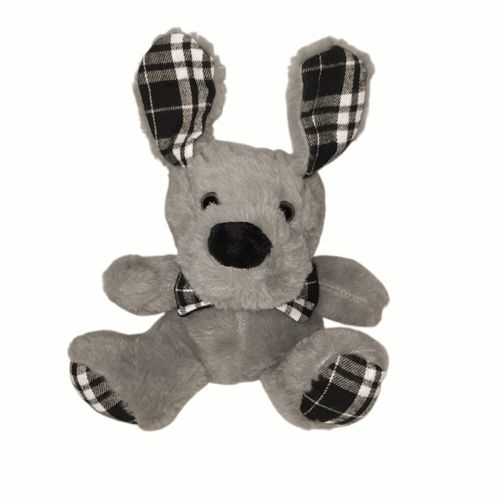 Mty International Gray Dog Puppy Plaid Sitting Plush Stuffed Toy 7"